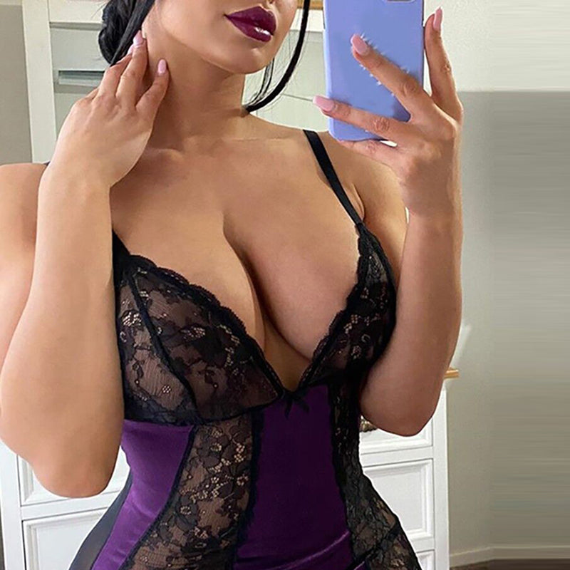 Translucent Nightdress With Lace Suspenders On The Back Side