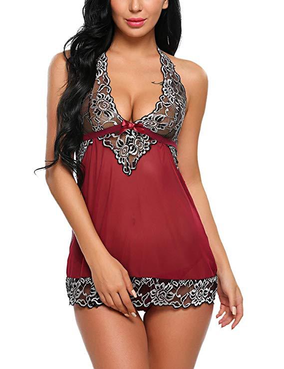 Nightwear V-Neck Lace Lingerie Babydoll